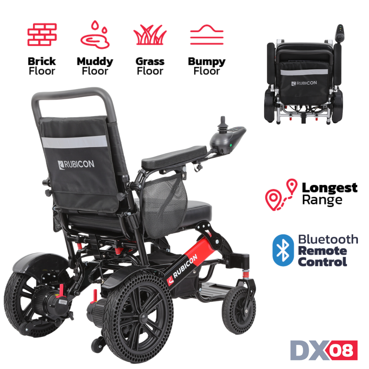 Rubicon DX08 - All Terrain & Heavy Duty Electric Wheelchair: Extra Durable, Long-Range, Foldable & Lightweight | Premium Dual Motor, Power Wheelchair