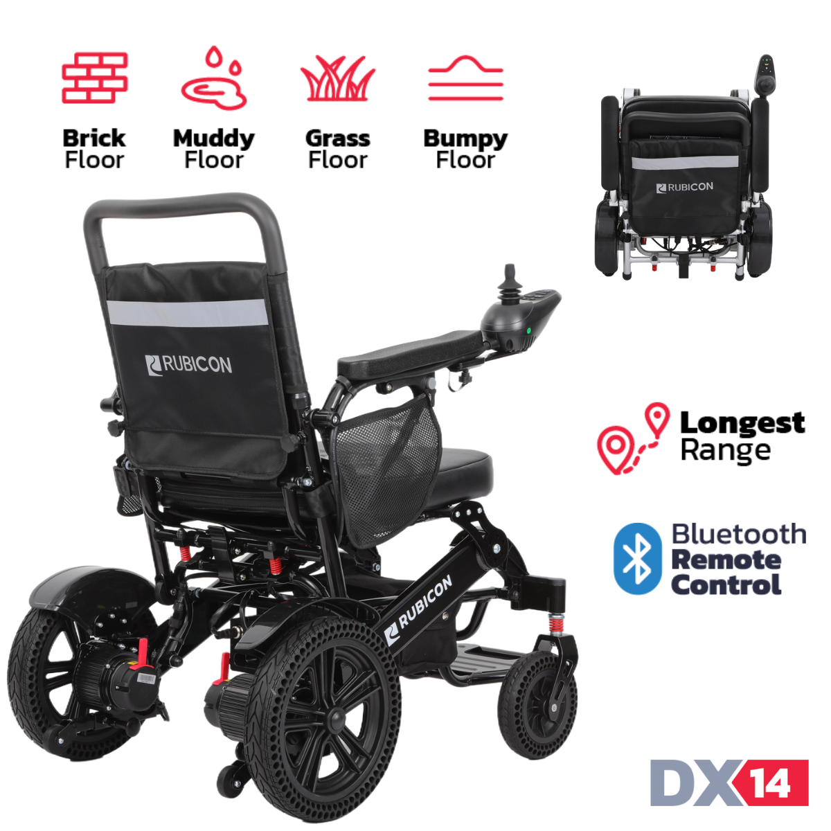 Rubicon DX14 – Longest Range Premium Electric Wheelchair: All-Terrain, Foldable & Airline Approved with Dual Motors, Bluetooth & Joystick