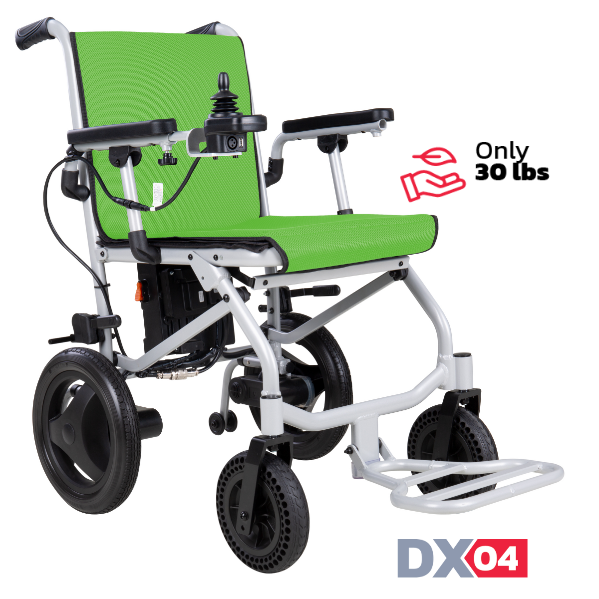 A green and white electric wheelchair with black wheels and accents, marked as 'DX04' and weighing only 30 lbs.