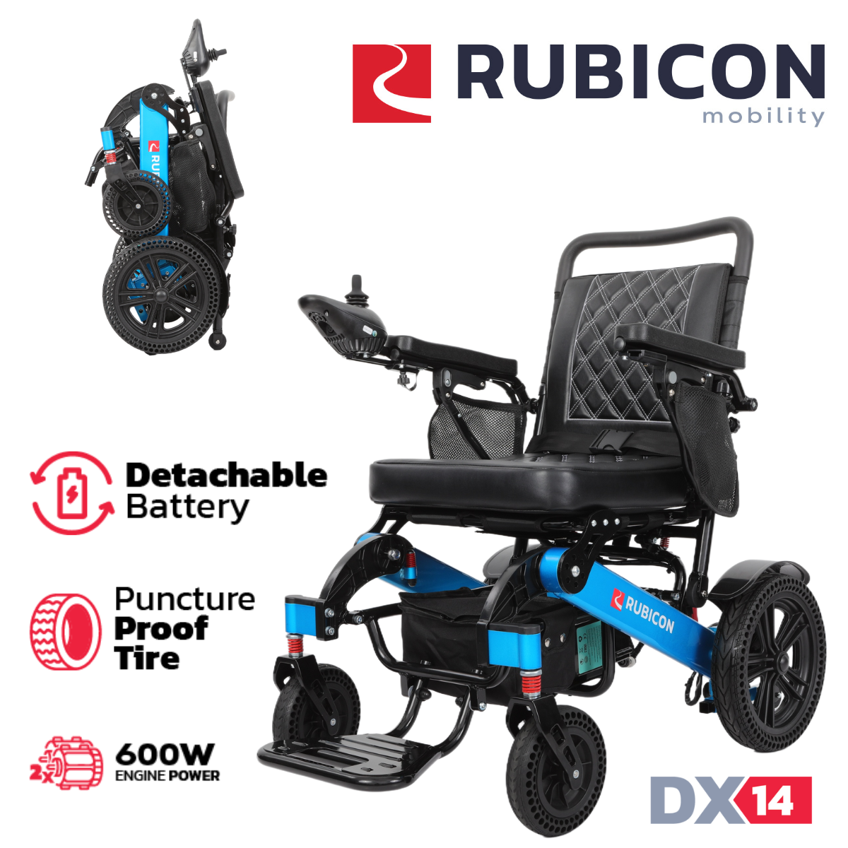 Rubicon DX14 – Longest Range Premium Electric Wheelchair: All-Terrain, Foldable & Airline Approved with Dual Motors, Bluetooth & Joystick