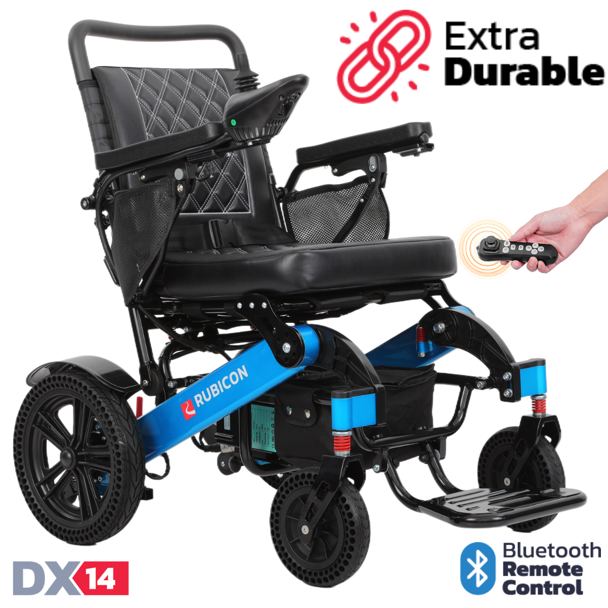 Rubicon DX14 – Longest Range Premium Electric Wheelchair: All-Terrain, Foldable & Airline Approved with Dual Motors, Bluetooth & Joystick