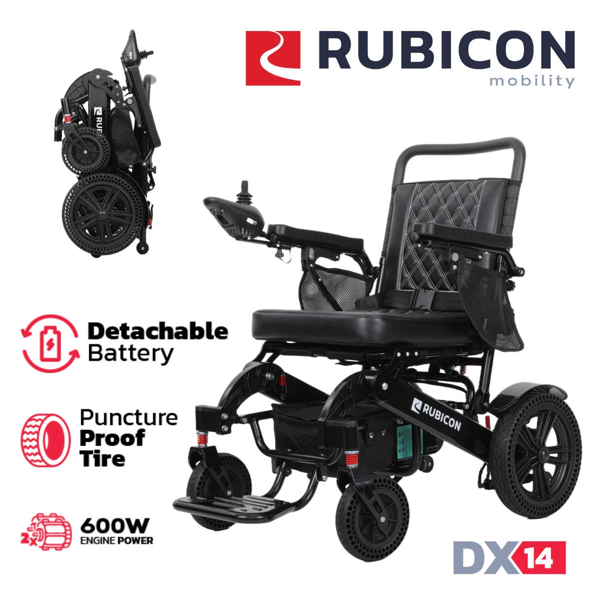 Rubicon DX14 – Longest Range Premium Electric Wheelchair: All-Terrain, Foldable & Airline Approved with Dual Motors, Bluetooth & Joystick