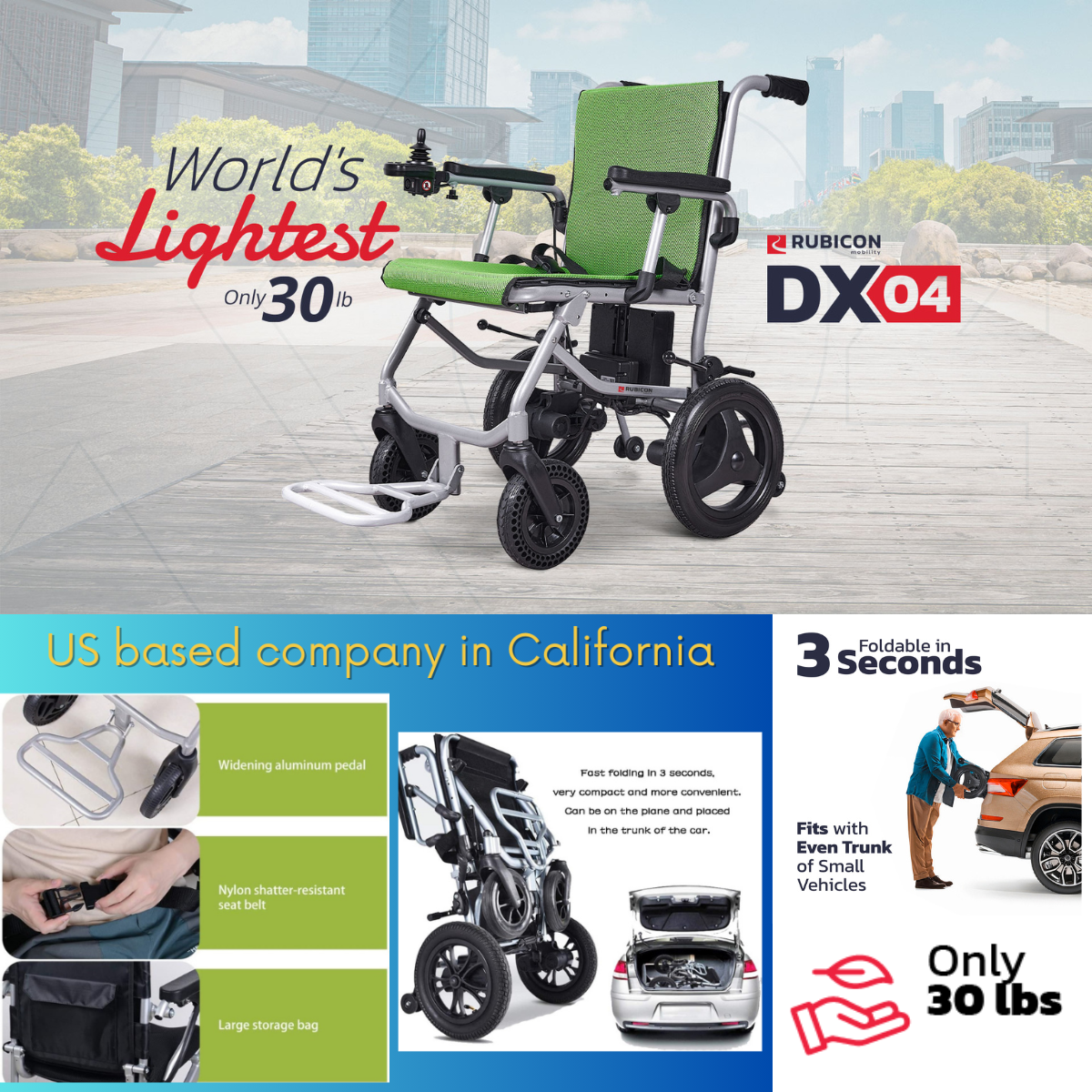 Rubicon DX04 - World's Lightest Electric Wheelchair: Ultra Lightweight, Foldable & Portable for Travel | Only 30 lbs & Airline Approved