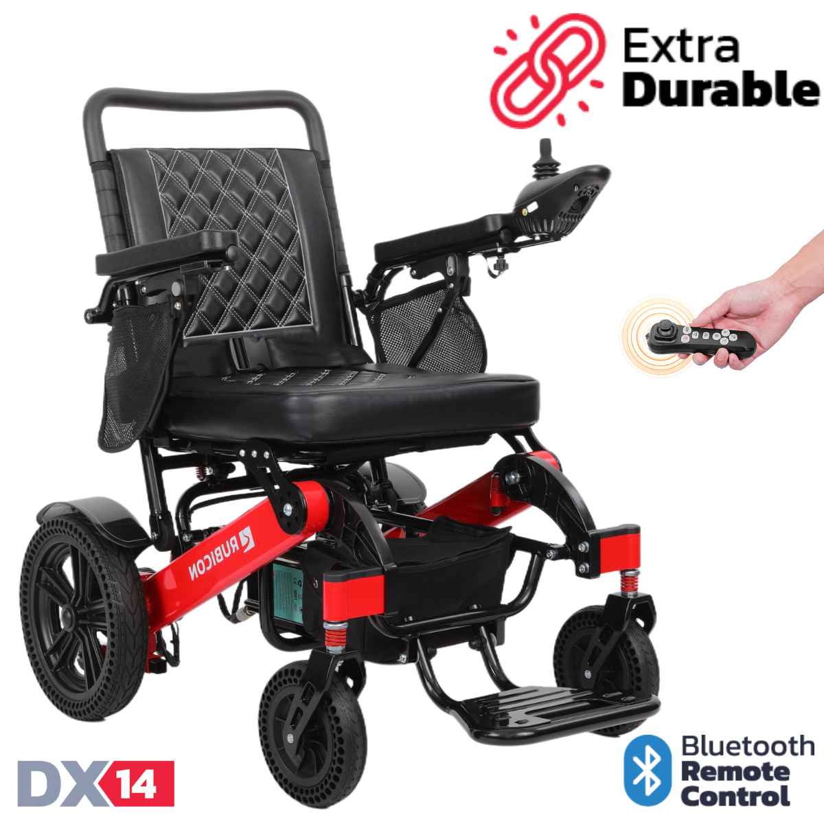 Rubicon DX14 – Longest Range Premium Electric Wheelchair: All-Terrain, Foldable & Airline Approved with Dual Motors, Bluetooth & Joystick