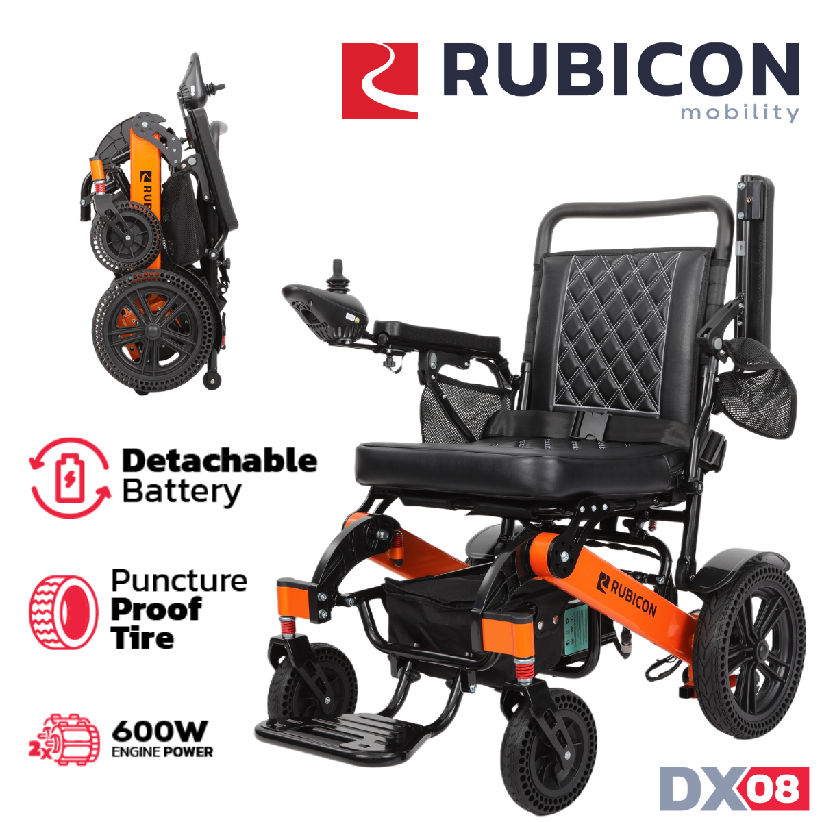 Rubicon DX08 - All Terrain & Heavy Duty Electric Wheelchair: Extra Durable, Long-Range, Foldable & Lightweight | Premium Dual Motor, Power Wheelchair