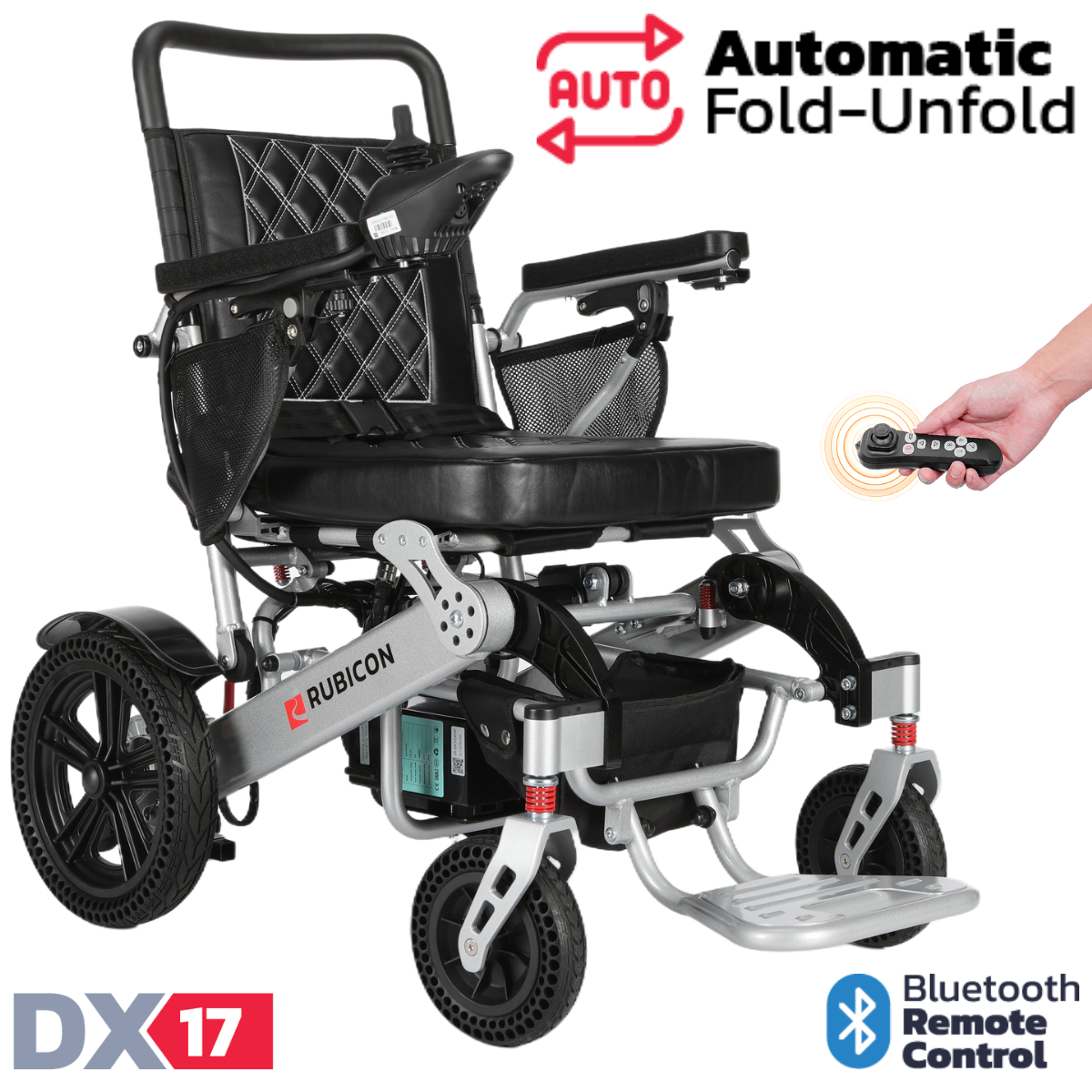 Rubicon DX17 - Automatic Folding & Unfolding Portable Electric Wheelchair: Collapsible, Lightweight & All Terrain | Dual Motor Power Wheelchair